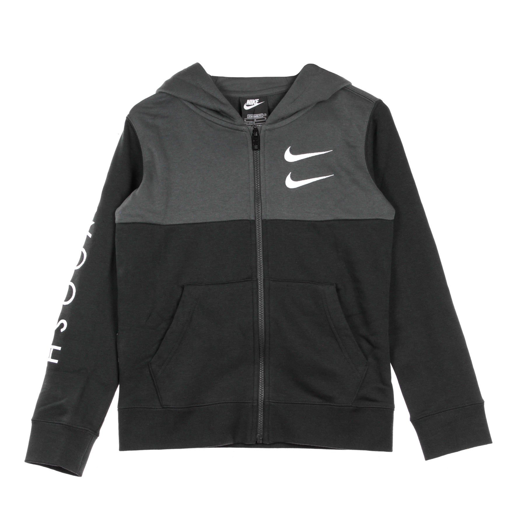 Nike, Felpa Cappuccio Zip Bambino Sportswear Swoosh, Black/dk Smoke Grey/white