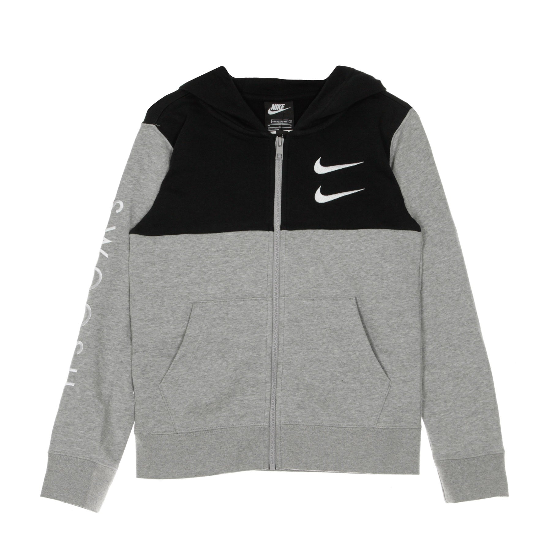 Nike, Felpa Cappuccio Zip Bambino Sportswear Swoosh, Dk Grey Heather/black/white/white