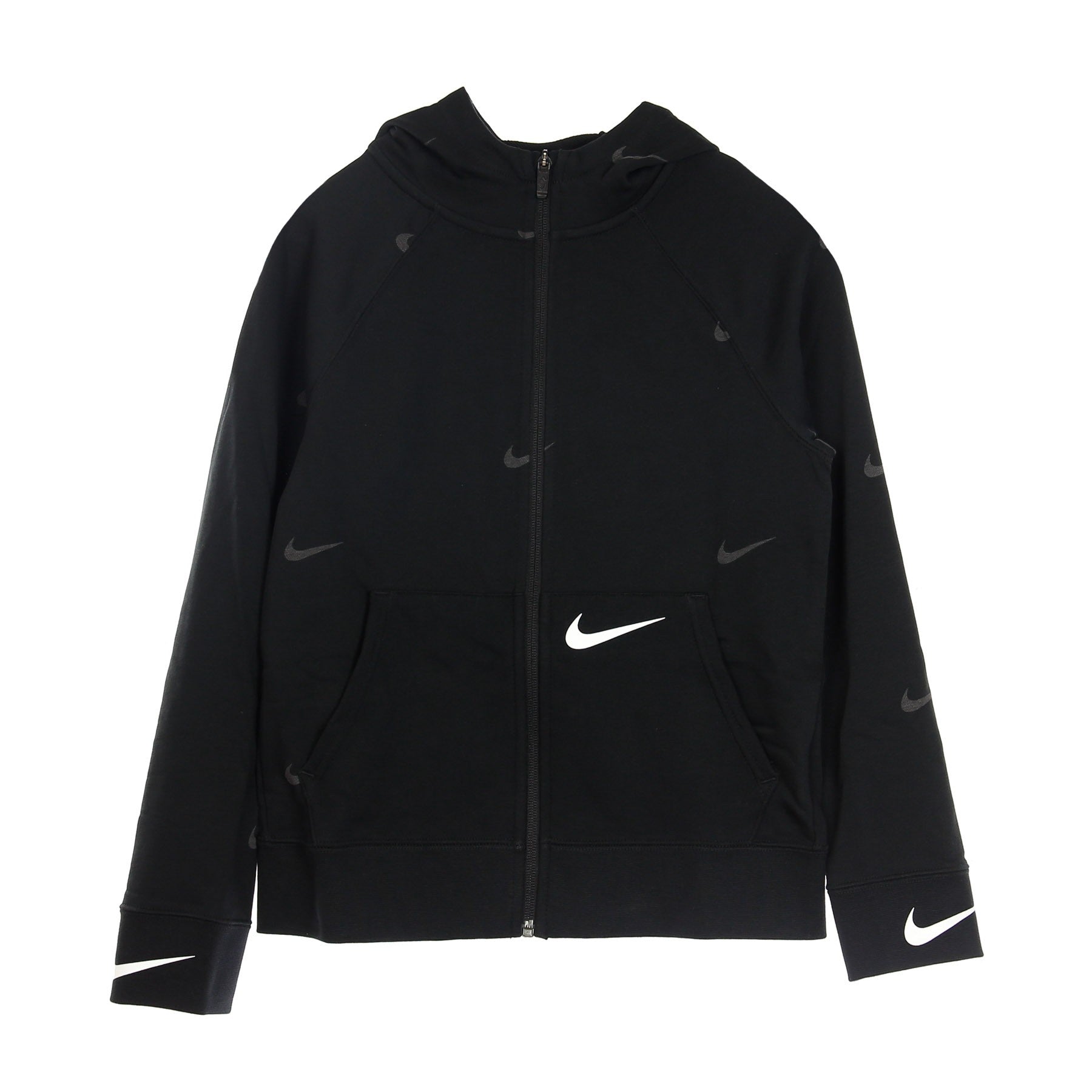 Nike, Felpa Leggera Cappuccio Zip Bambino Sportswear Swoosh Fleece, Black/black/white