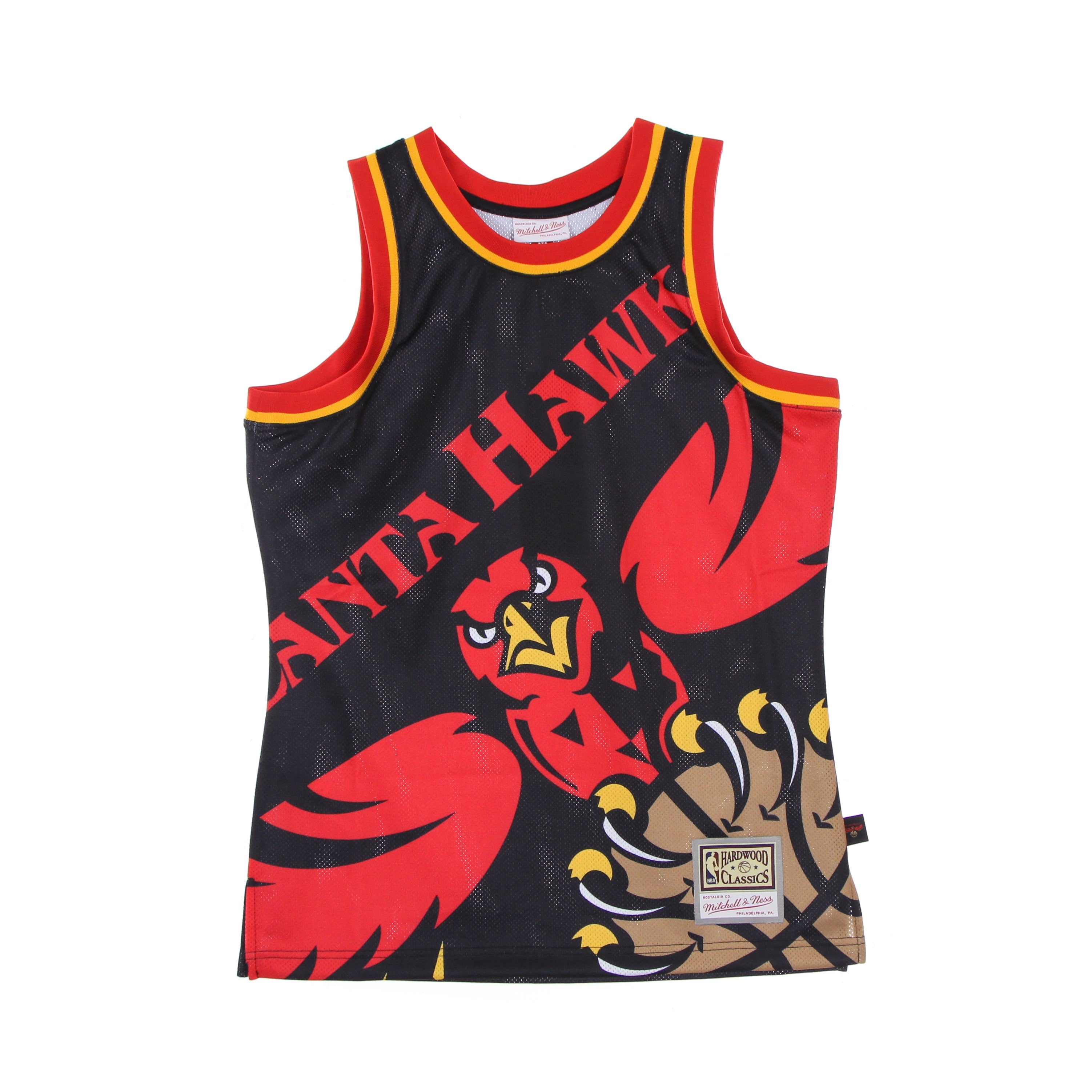 Mitchell & Ness, Canotta Tipo Basket Uomo Nba Big Face Blown Out Fashion Jersey Hardwood Classics Atlhaw, Black/original Team Colors