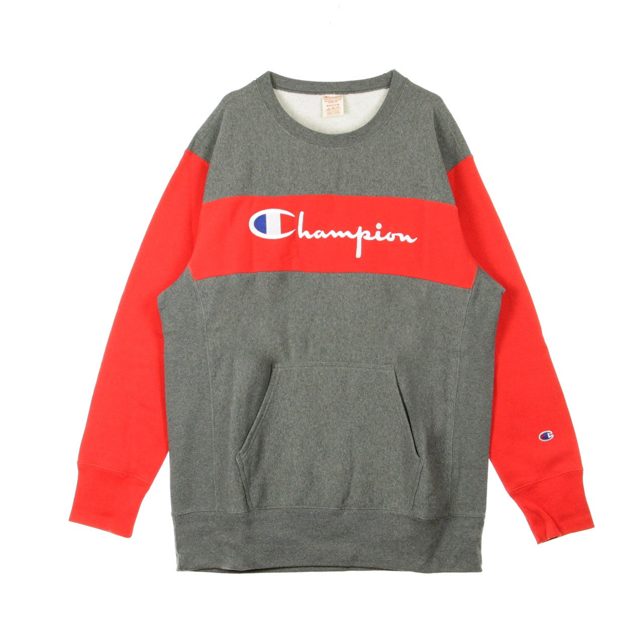 Champion, Felpa Girocollo Uomo Colour Block Kangaroo Pocket Reverse Weave, Grey/red
