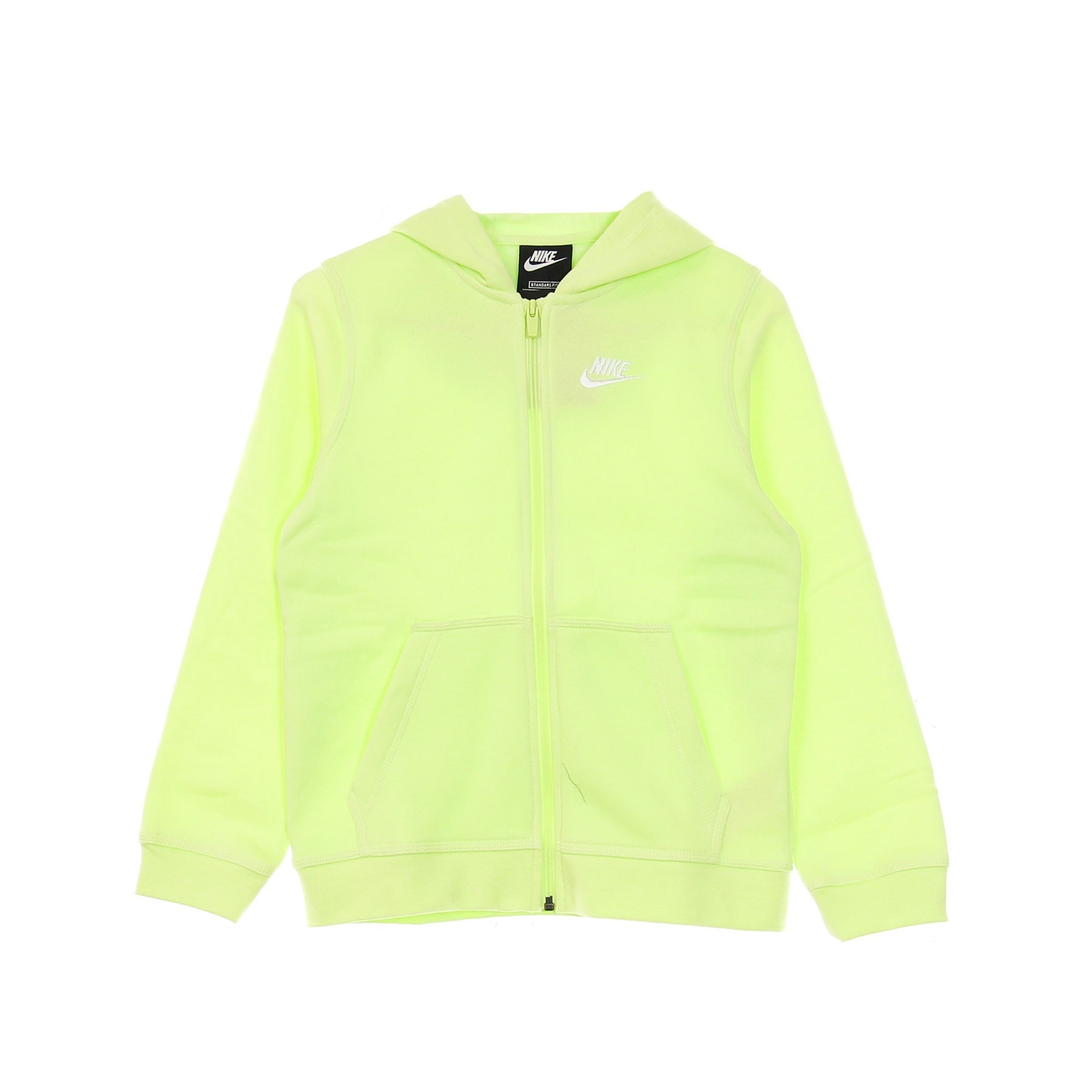 Nike, Felpa Cappuccio Zip Ragazzo Hoodie Club, Lt Liquid Lime/lt Liquid Lime/white