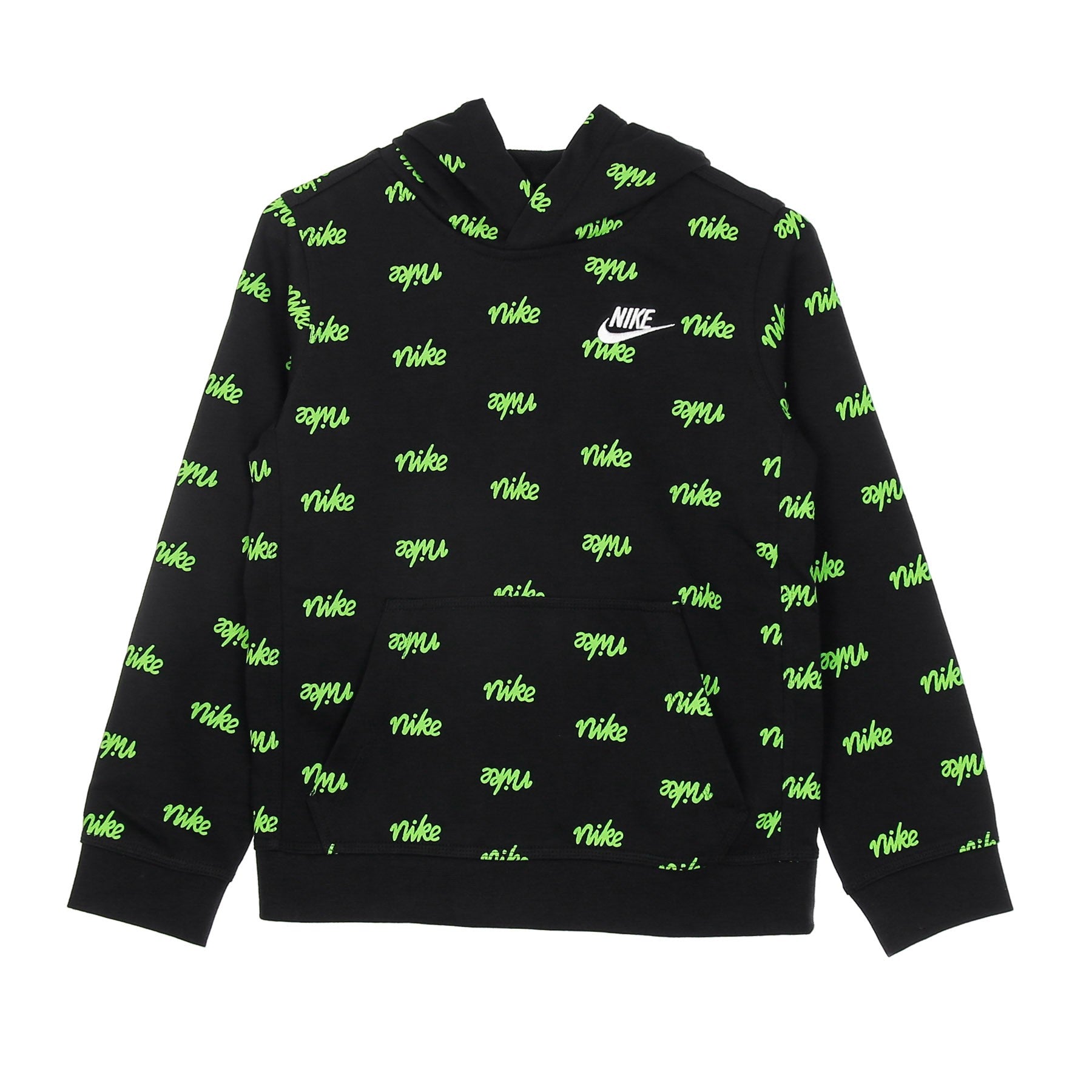Nike, Felpa Leggera Cappuccio Ragazzo B Sportswear Script All Over Print Pullover, Black/black/mean Green/white