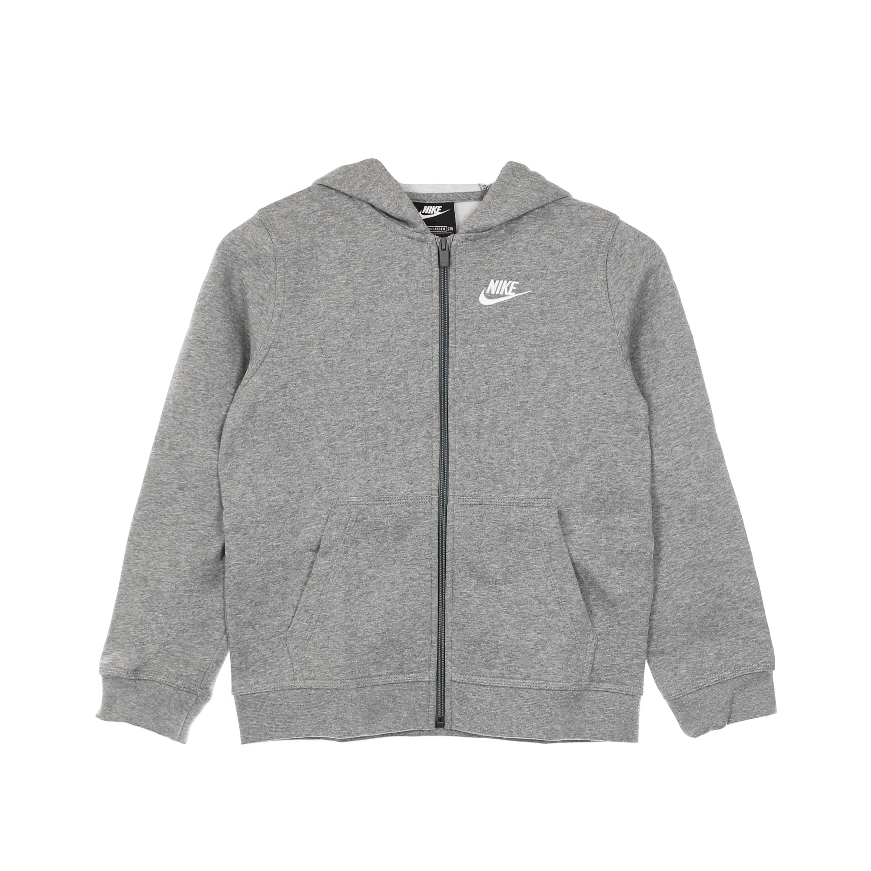 Nike, Felpa Cappuccio Zip Ragazzo Hoodie Club, Carbon Heather/smoke Grey/white