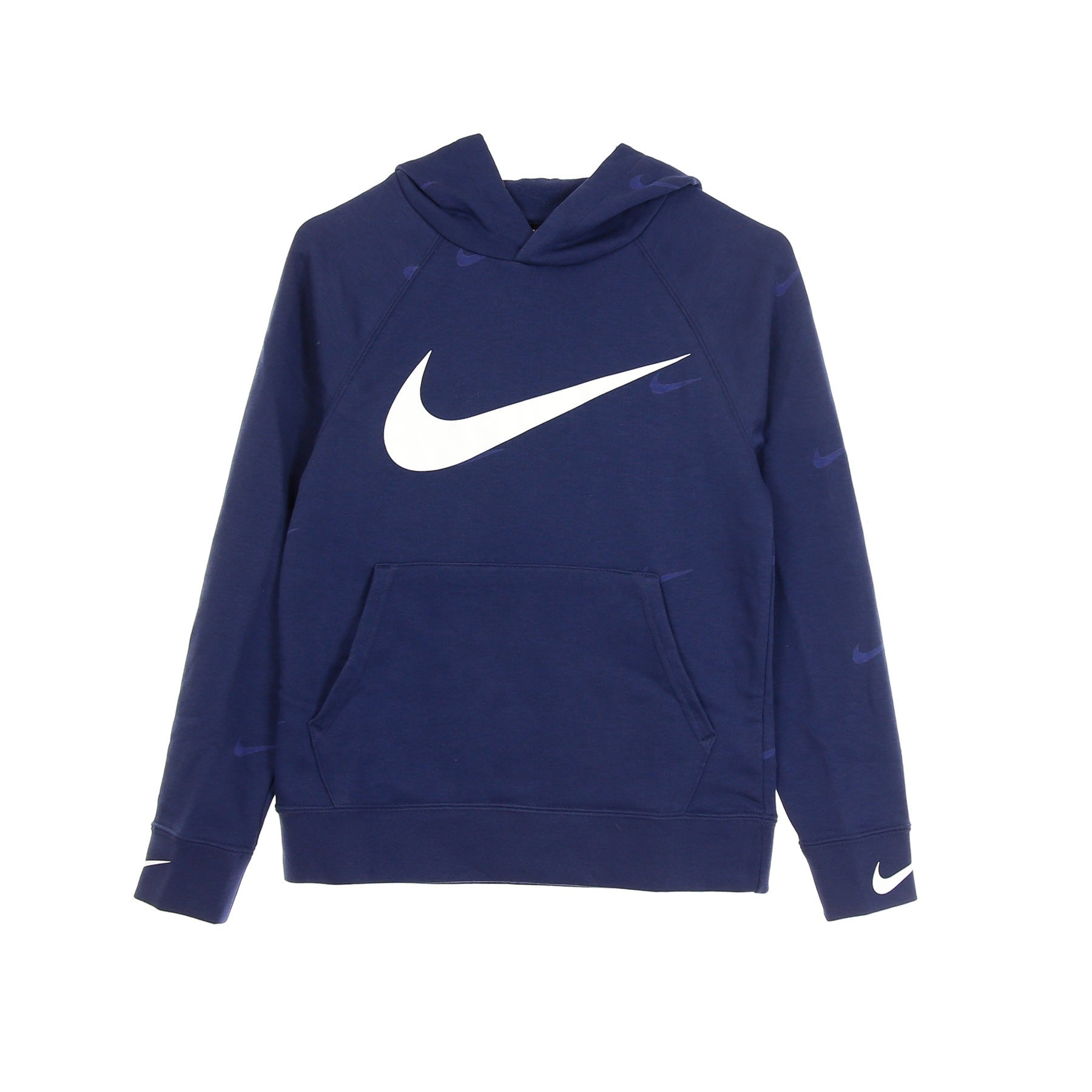 Nike, Felpa Leggera Cappuccio Bambino B Sportswear Fleece Swoosh Hooded Pullover, Midnight Navy/white