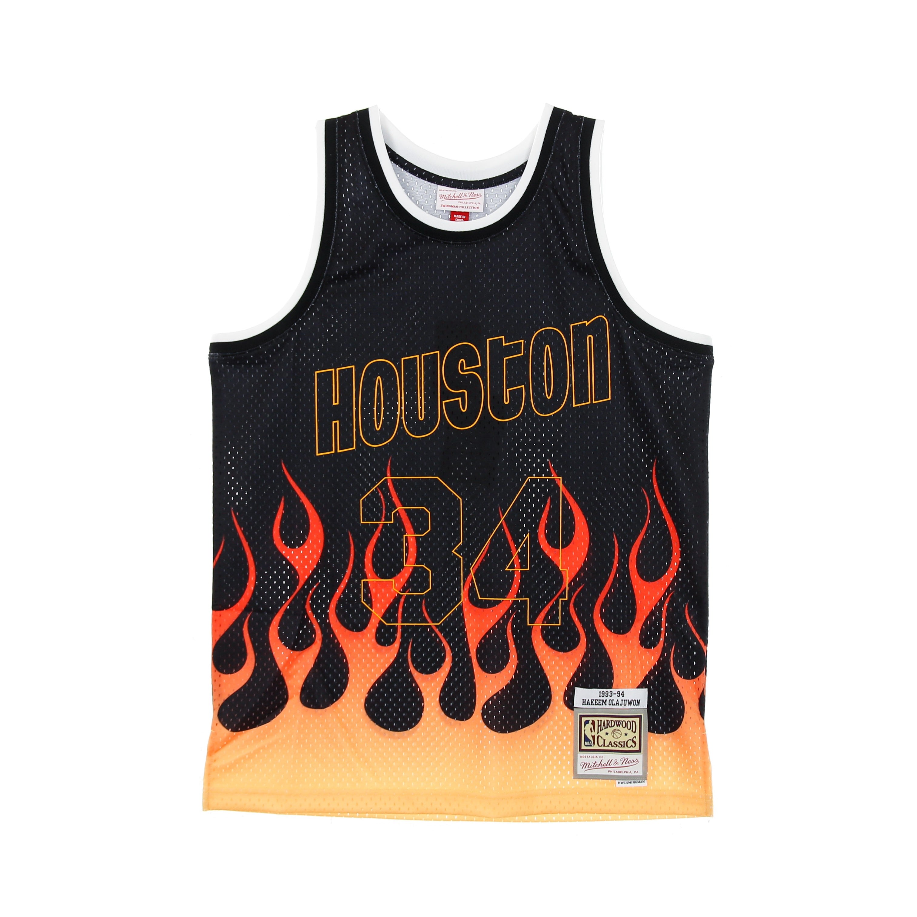 Mitchell & Ness, Canotta Basket Uomo Nba Swingman Jersey Flames Hardwood Classics N.34 Hakeem Olajuwon 1993-94 Houroc, 