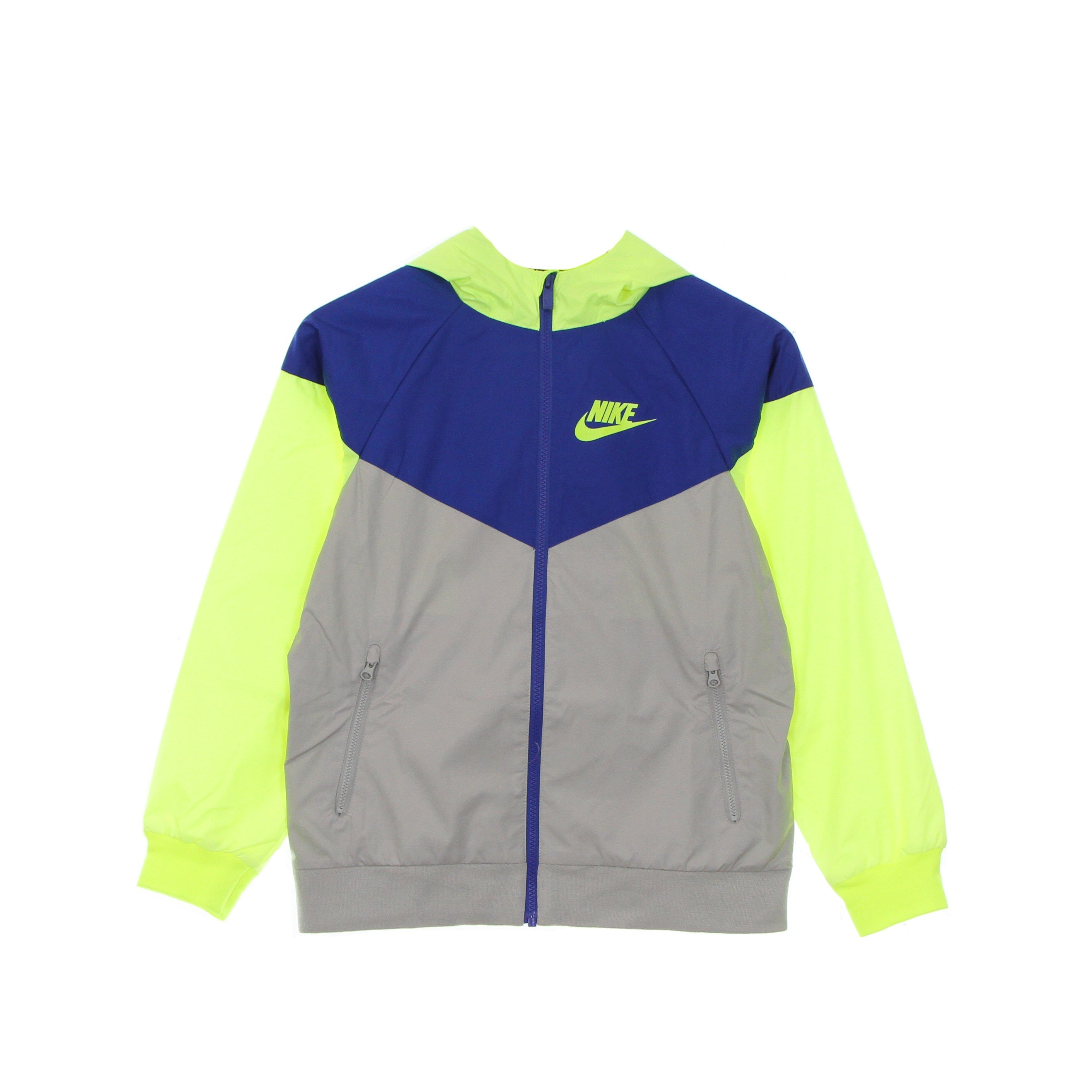 Nike, Giacca A Vento Ragazzo Windrunner Jacket Hooded, Light Smoke Grey/game Royal/volt/volt