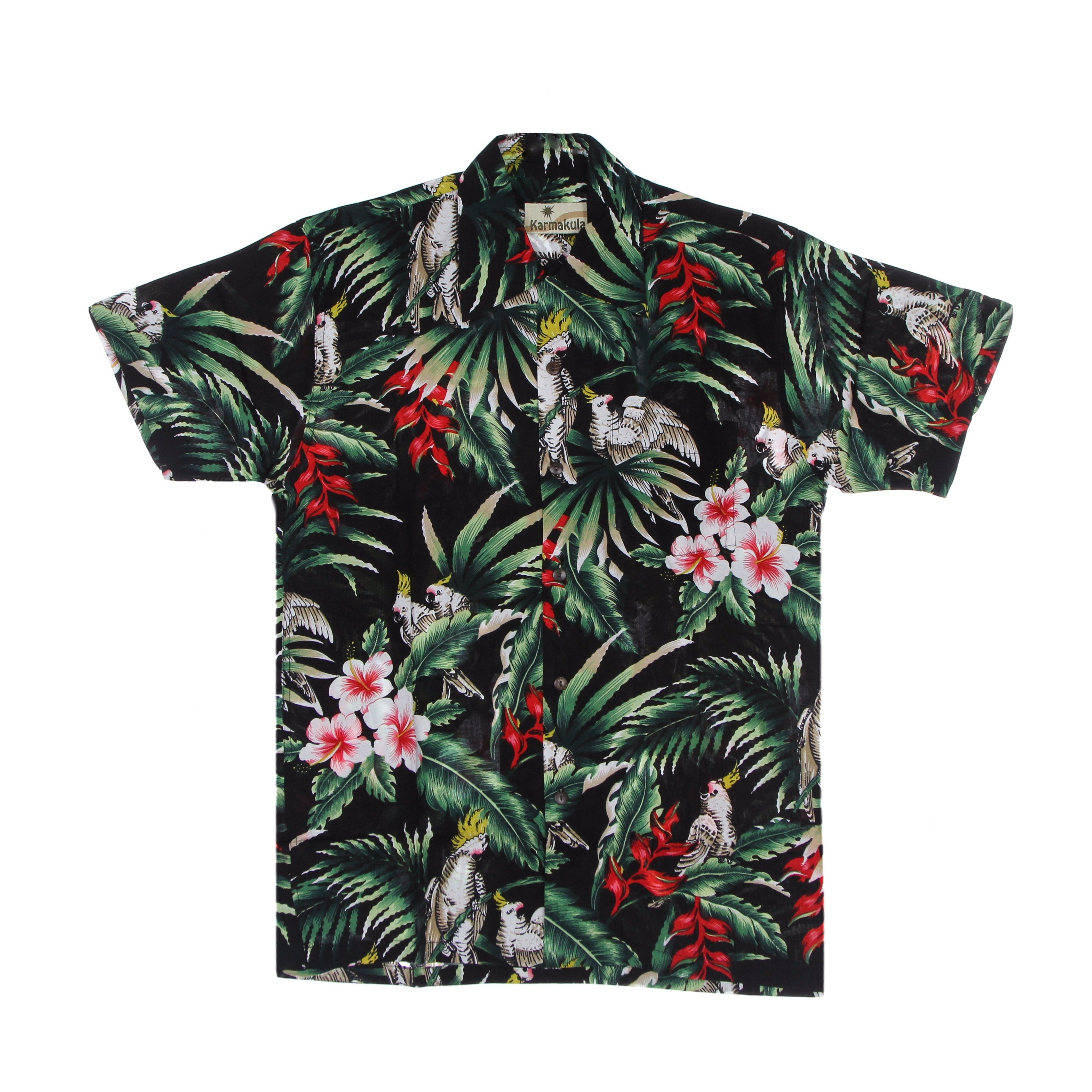 Camicia Manica Corta Uomo Hawaiian Shirt Paradise Birds Black