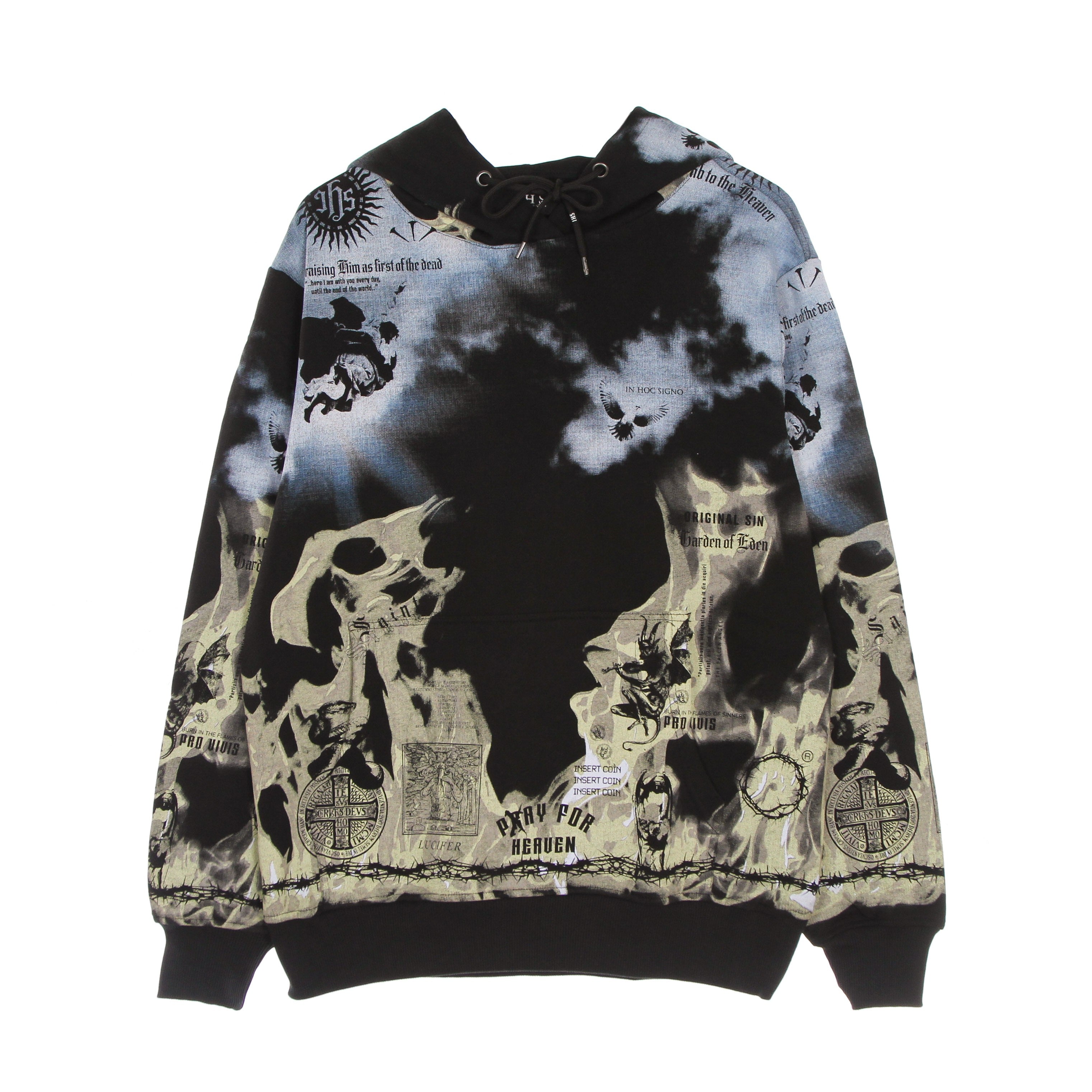Ihs, Felpa Leggera Cappuccio Uomo Clouds & Flames Hoodie, Black/multi