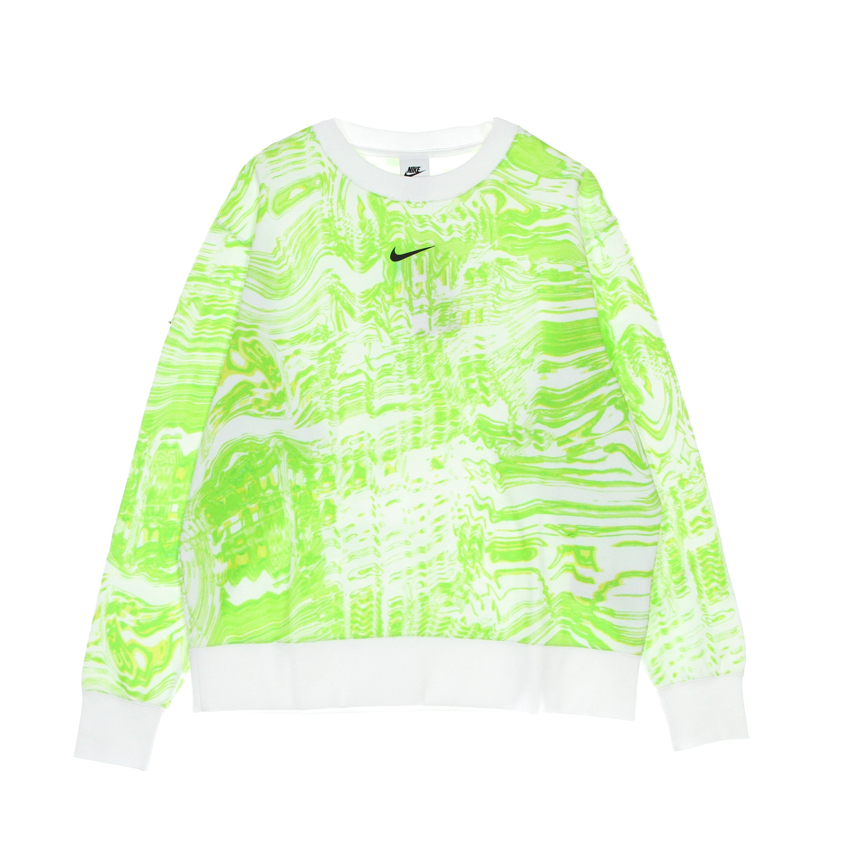 Nike, Felpa Girocollo Donna W Sportswear Trend Fleece Crew All Over Print, White/lt Lemon Twist