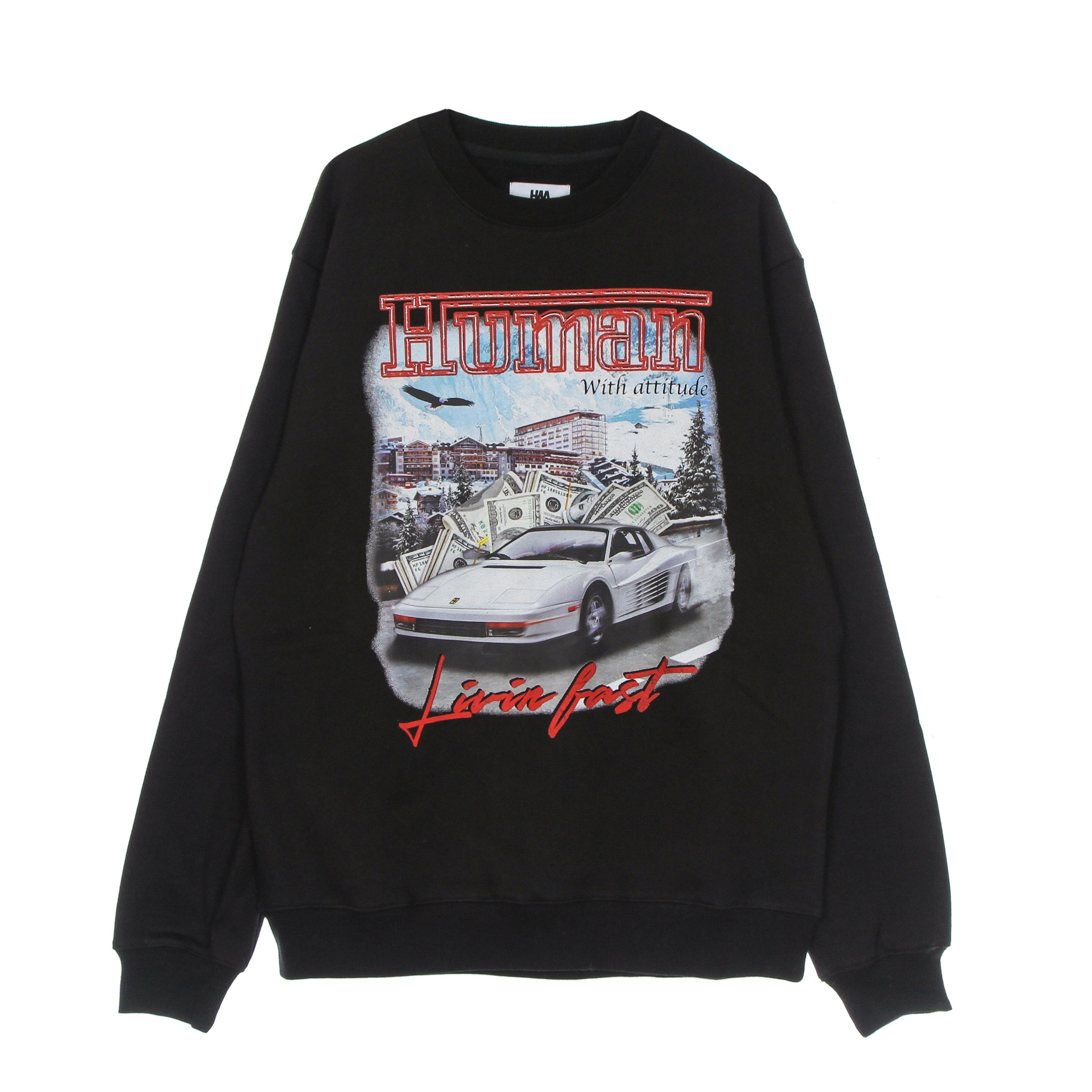 Human With Attitude, Felpa Girocollo Uomo Livin Fast Crewneck, Black