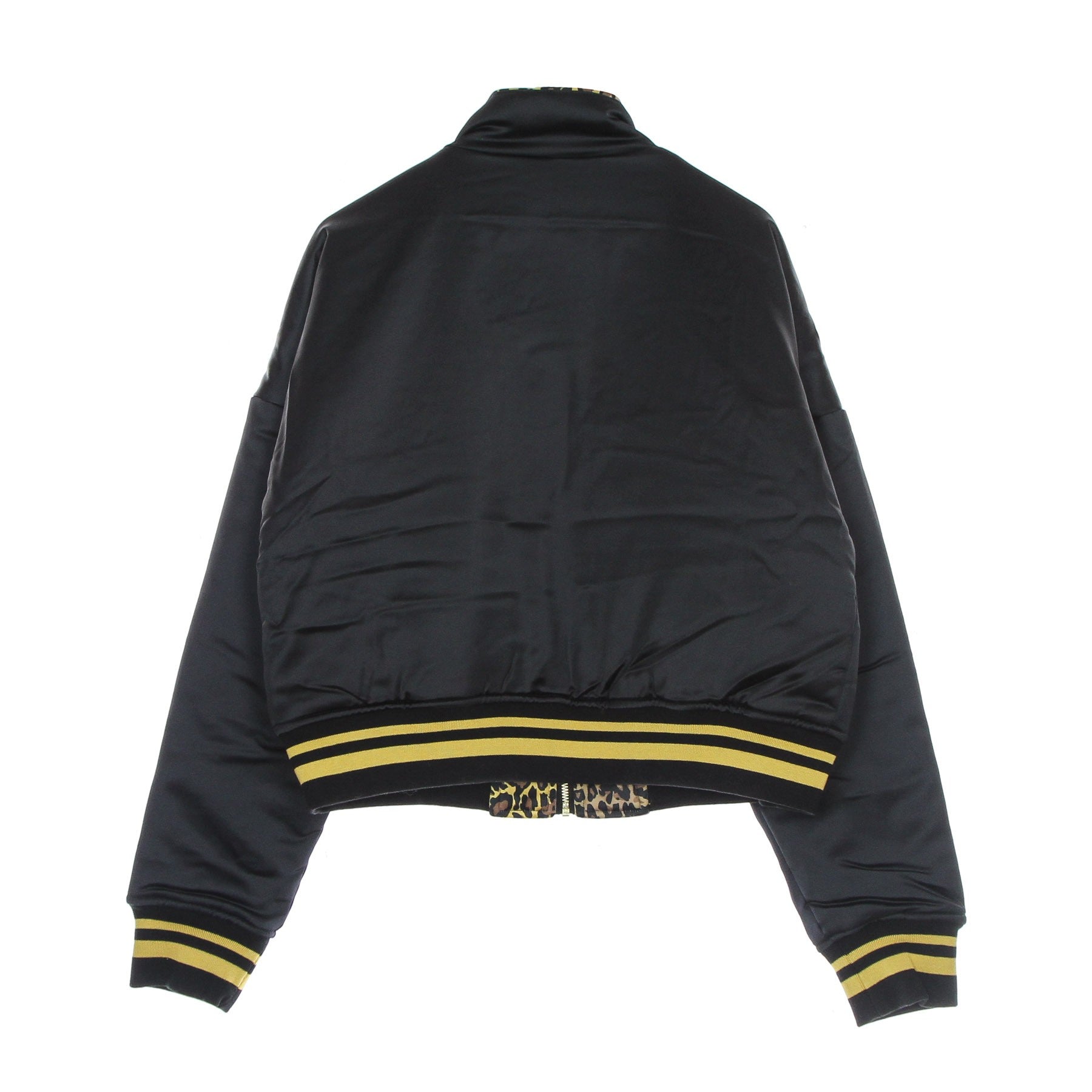 Women's Short Bomber Jacket Varsity Reversible Leo Satin Jacket Black/brown