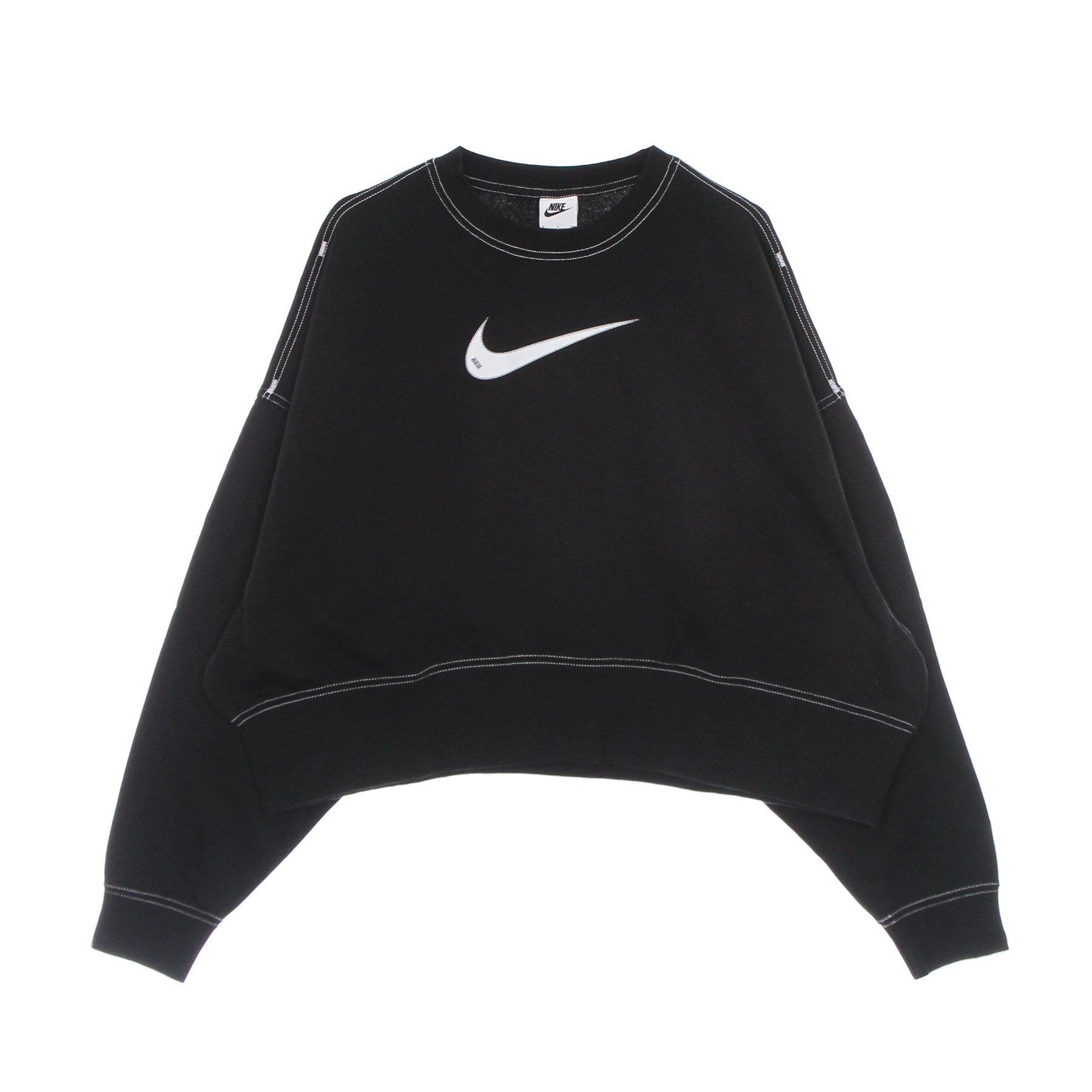 Nike, Felpa Leggera Girocollo Corta Donna Sportswear Swoosh Fleece Crew Md Cropped, Black/black/white
