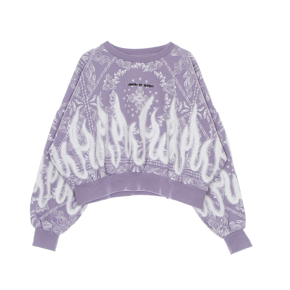 Vision Of Super, Felpa Leggera Girocollo Corta Donna Crop Hoodie Spray Flames, Lilac/white