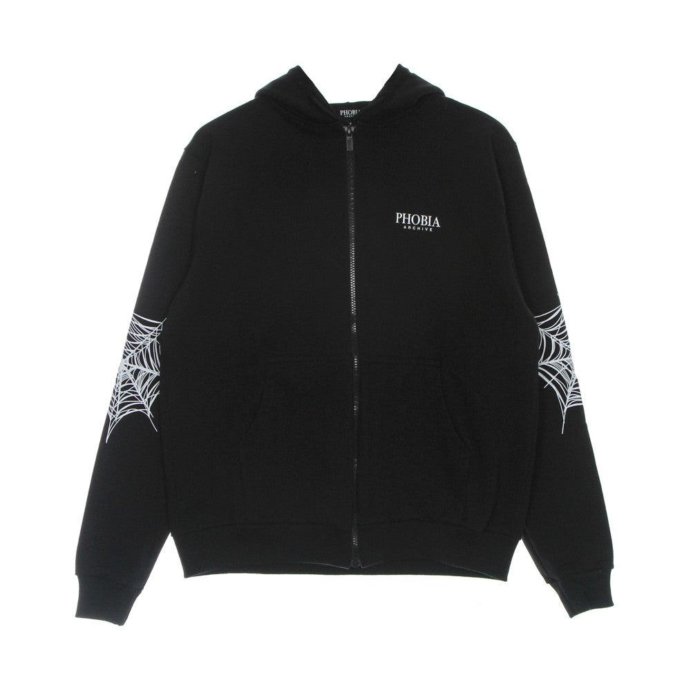 Phobia, Felpa Leggera Cappuccio Zip Uomo Cobweb Print Open Hoodie, Black/white