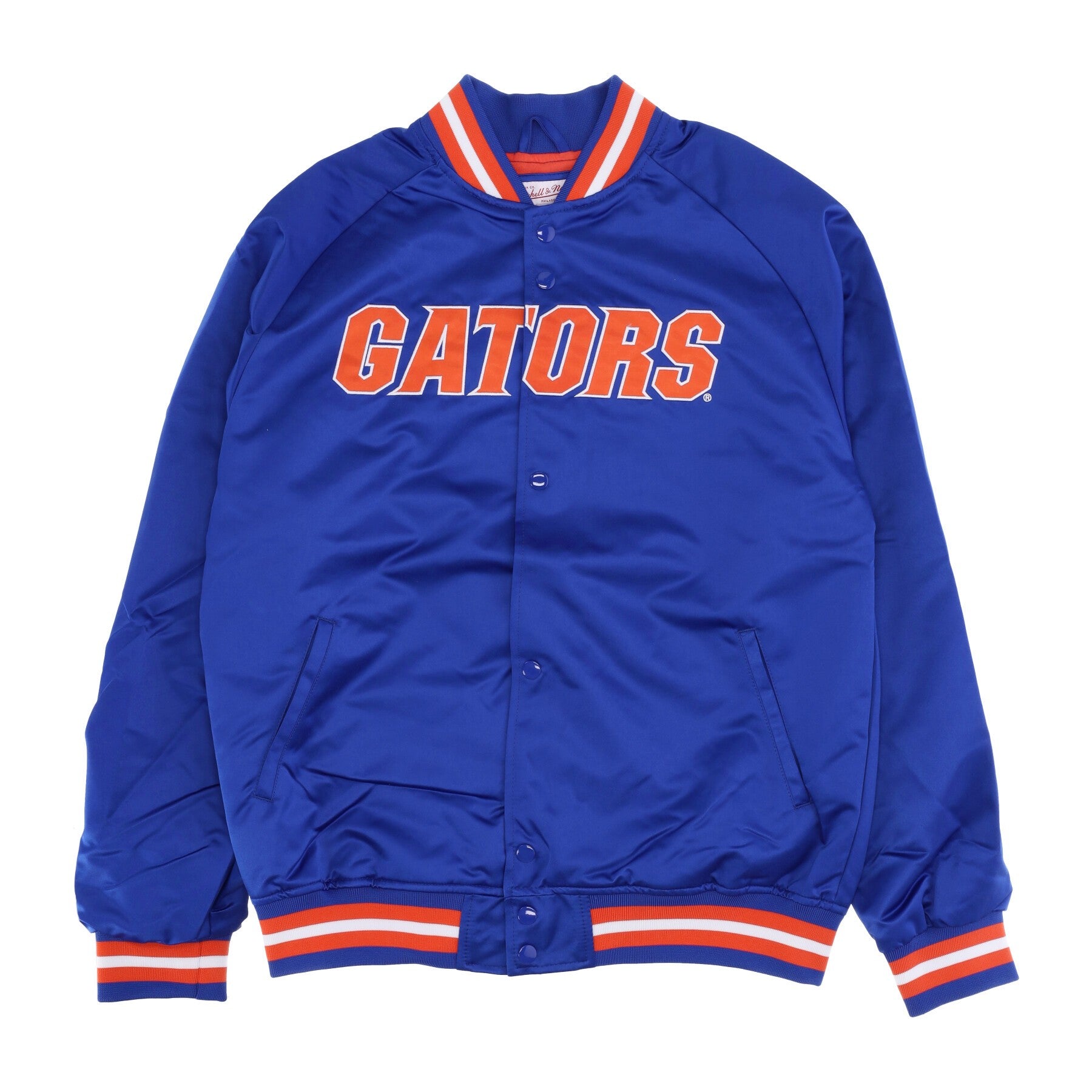 Mitchell & Ness, Giubbotto Bomber Uomo Ncaa Lightweight Satin Jacket Flogat, Royal/orange