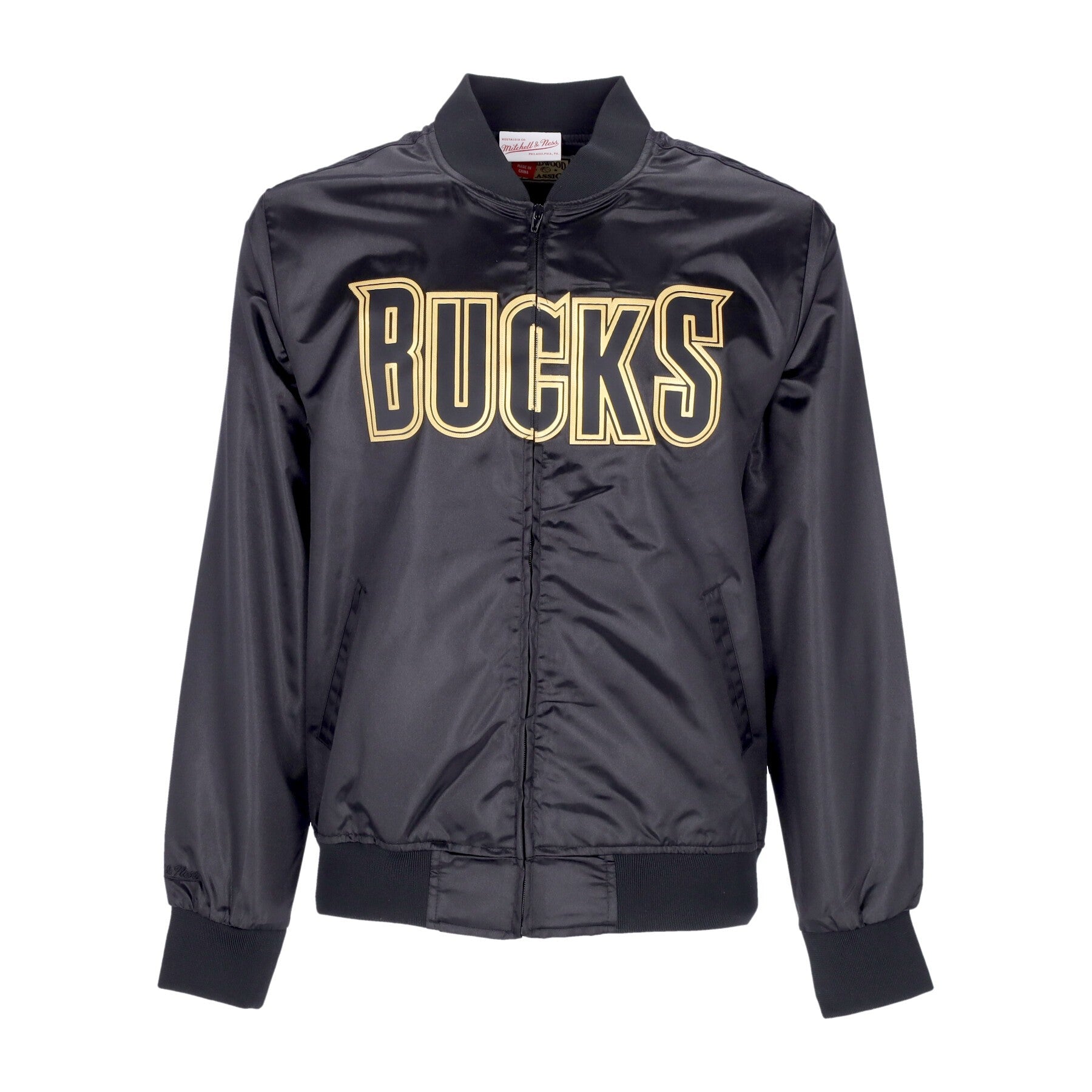 Mitchell & Ness, Giacchetta Uomo Nba Big Face 4.0 Satin Jacket Hardwood Classics Milbuc, Black/original Team Colors