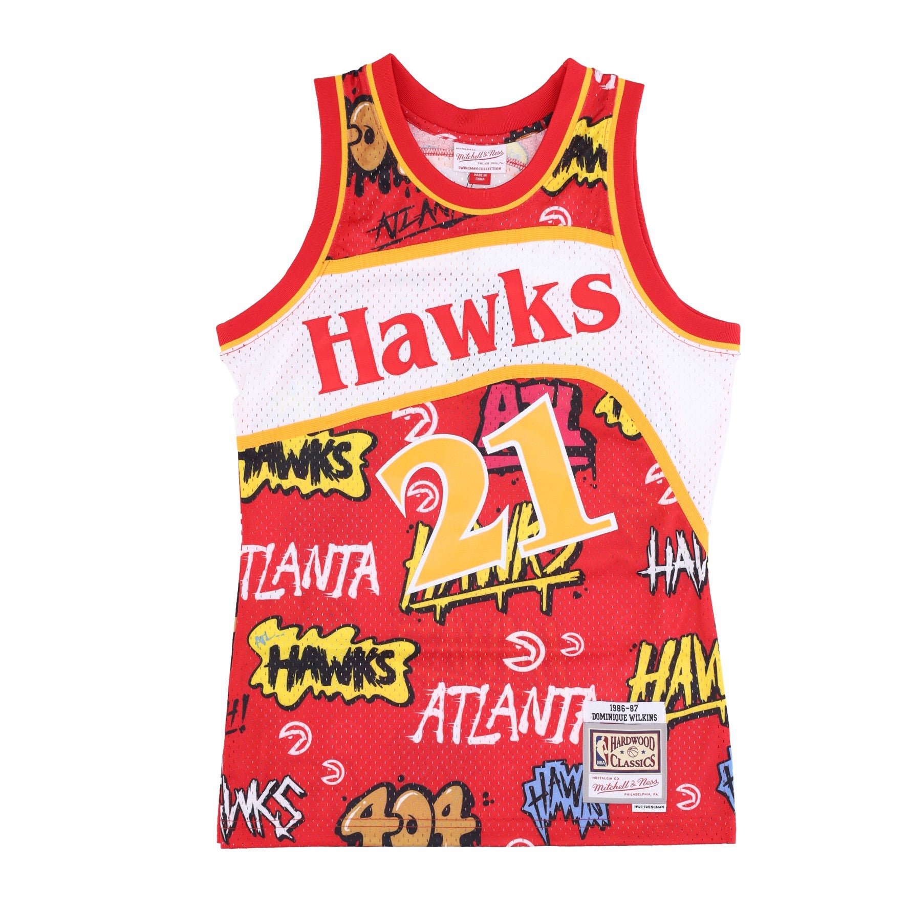 Mitchell & Ness, Canotta Basket Uomo Nba Slap Sticker Swingman Jersey Hardwood Classics No 21 Dominique Wilkins 1986-87 Atlhaw, Red