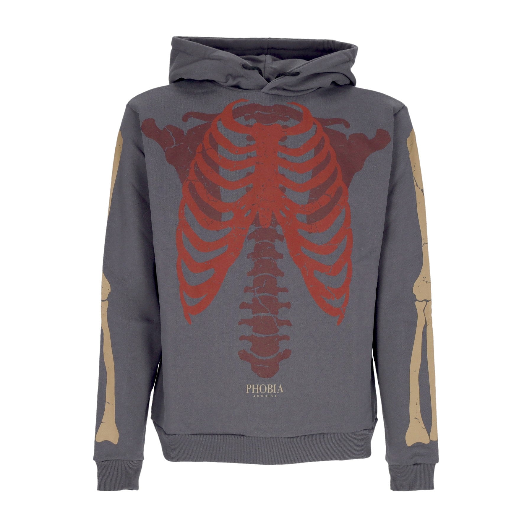 Phobia, Felpa Leggera Cappuccio Uomo Bones Hoodie, Grey/red/beige