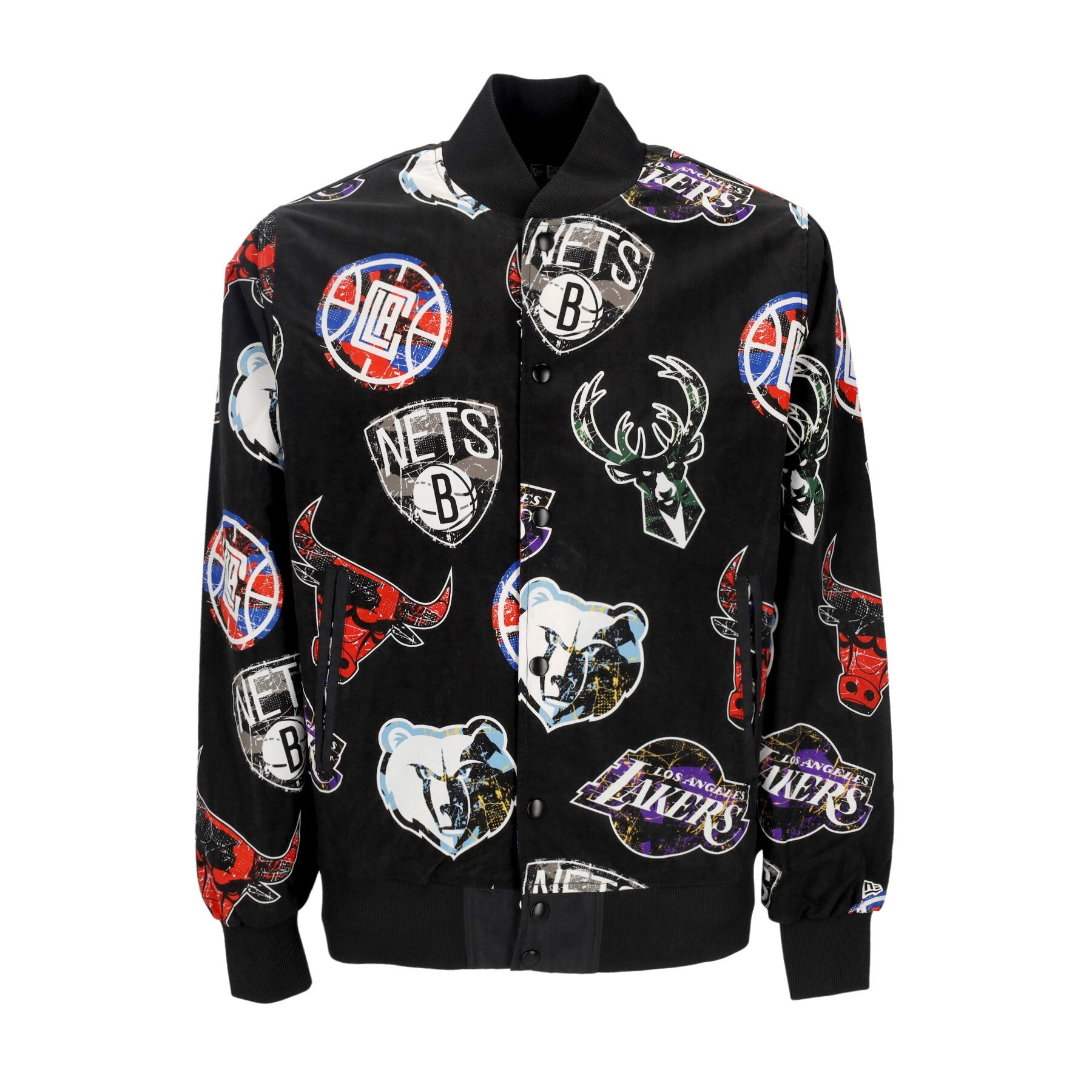 New Era, Giubbotto Bomber Uomo Nba All Over Print Team Logo Bomber, Black/front Door Red