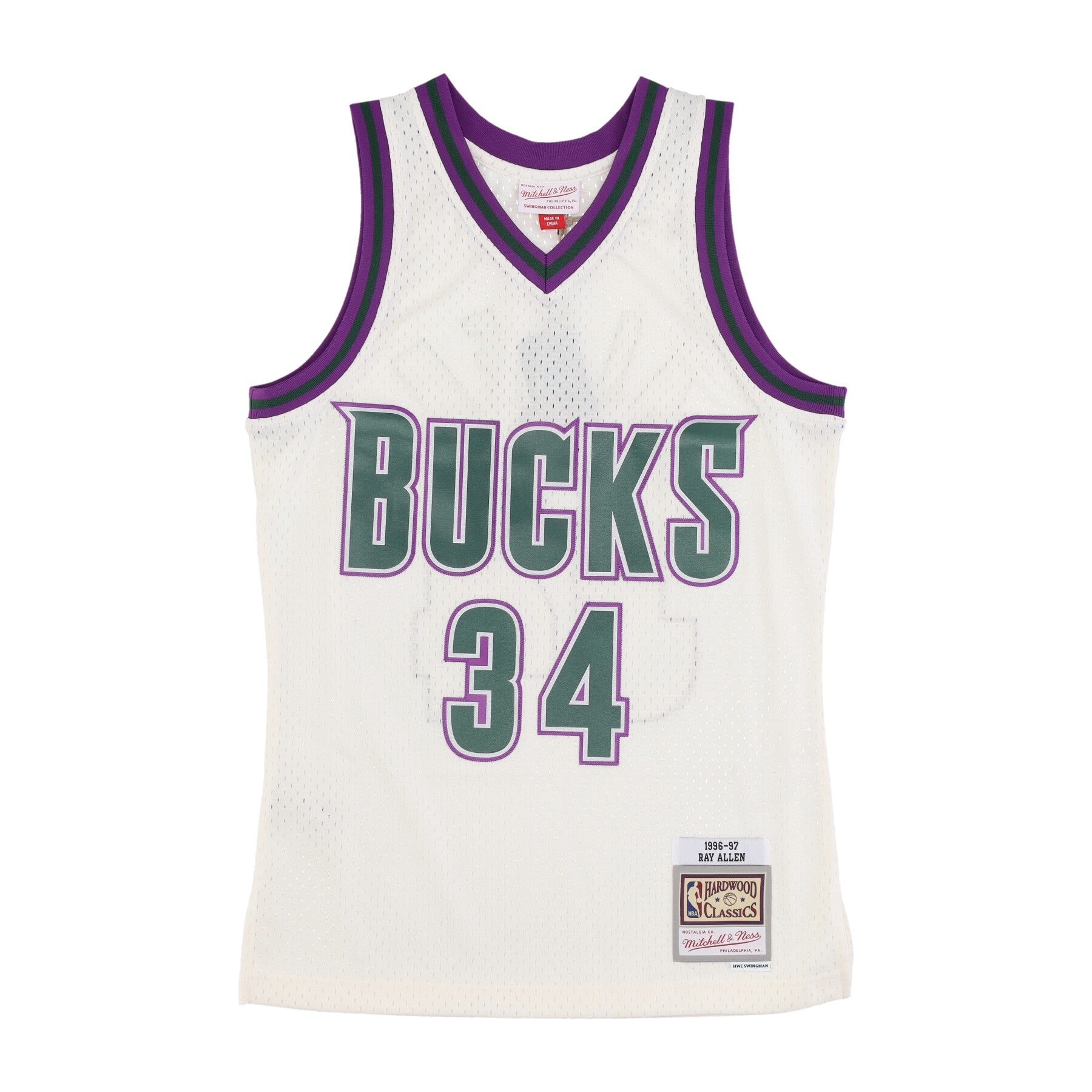 Mitchell & Ness, Canotta Basket Uomo Nba Off White Team Color Swingman Jersey Hardwood Classics 1996 No 34 Ray Allen Milbuc, Off White
