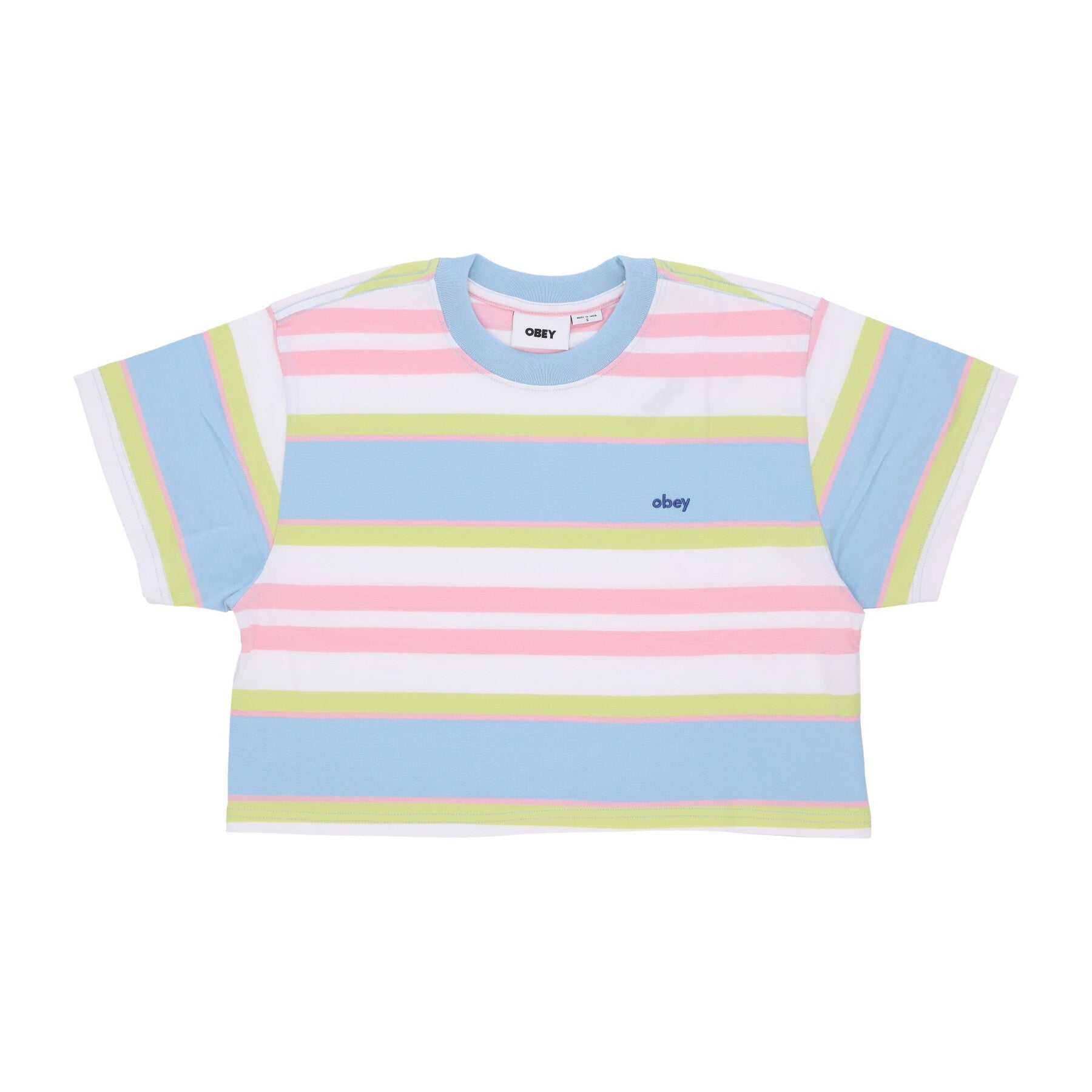 Obey, Maglietta Corta Donna Ariella Stripe Cropped Tee, Sky Blue Multi