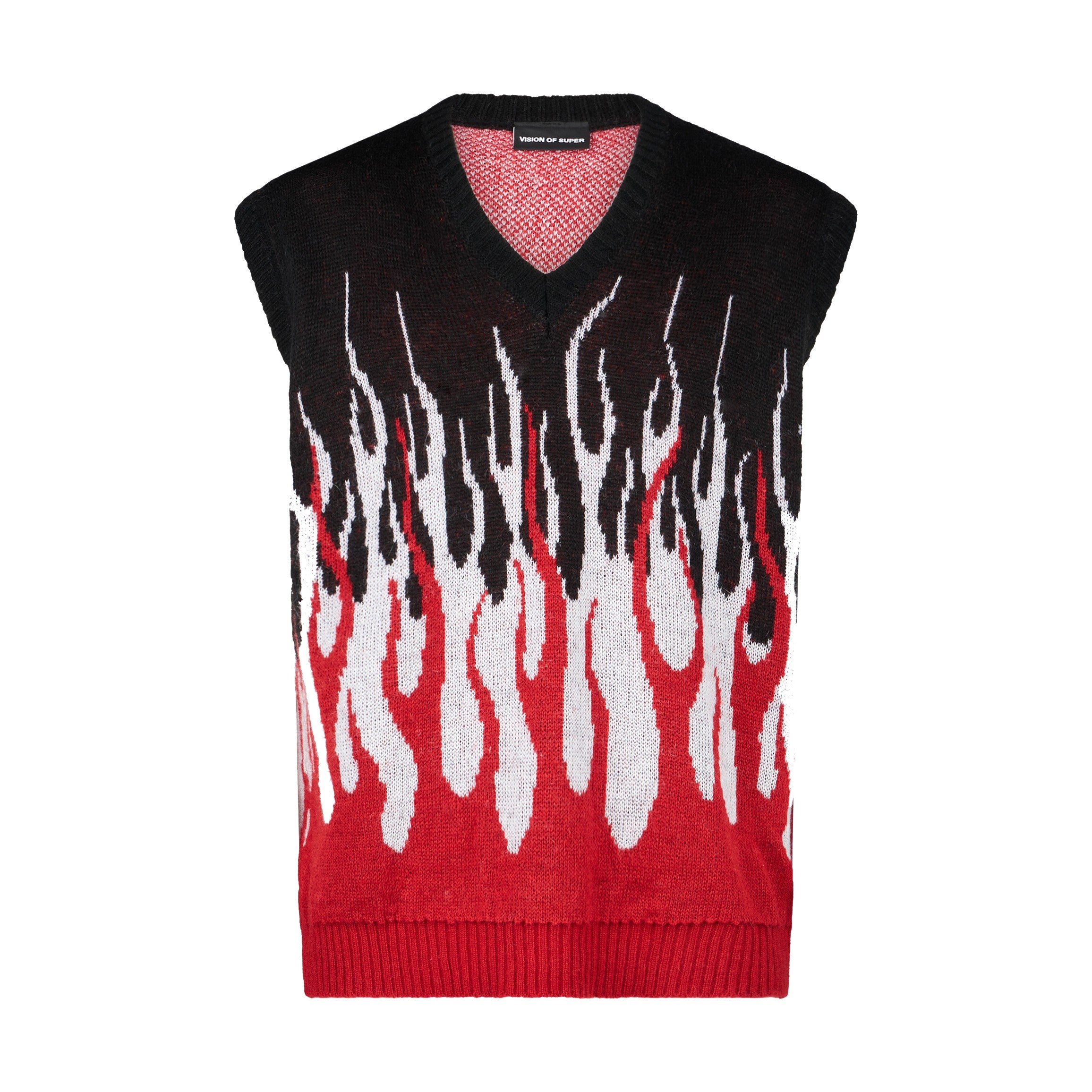 Vision Of Super, Pullover Smanicato Uomo Jacquard Flames Gilet, Black/white/red