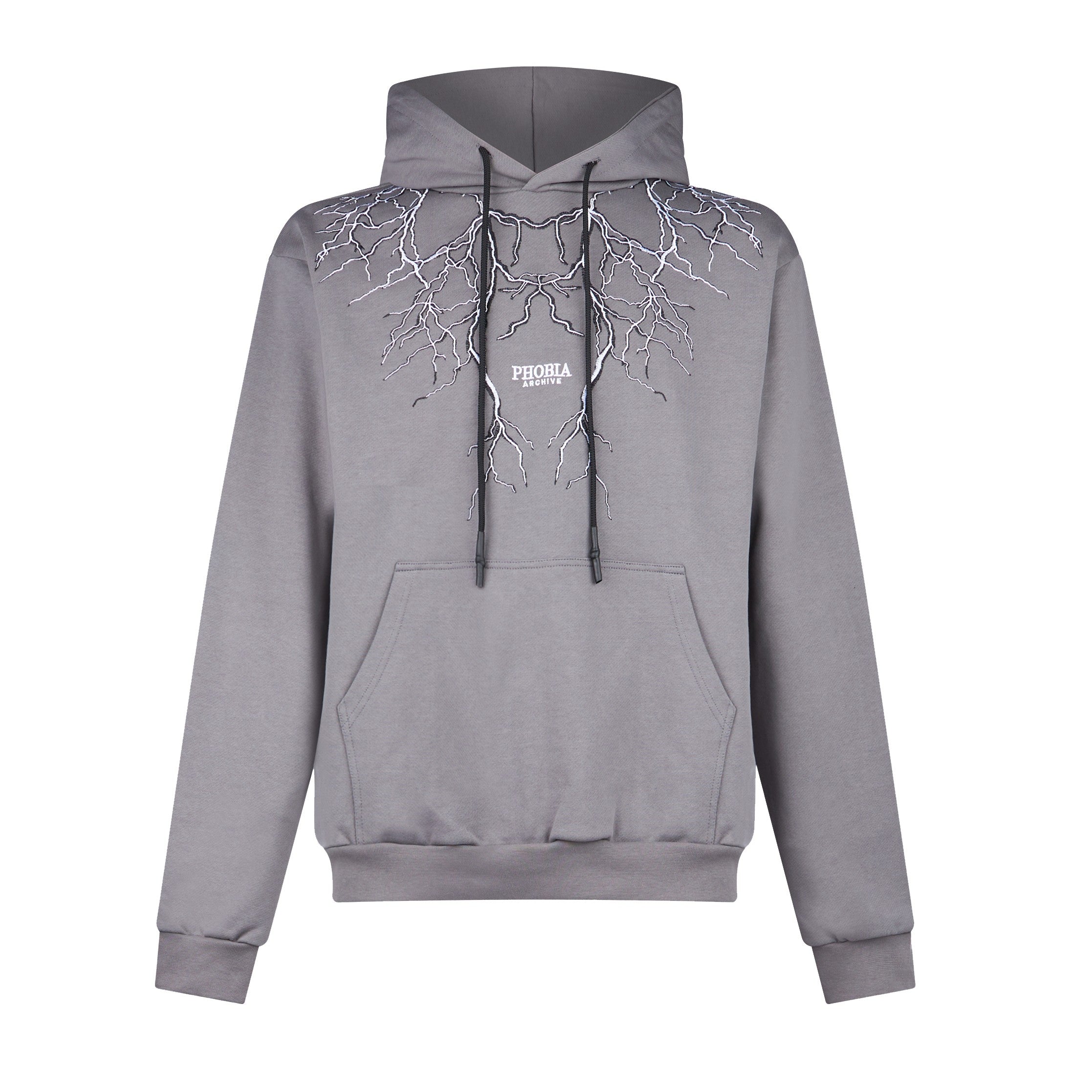 Phobia, Felpa Leggera Cappuccio Uomo Embroidery Lightning Hoodie, Grey/white