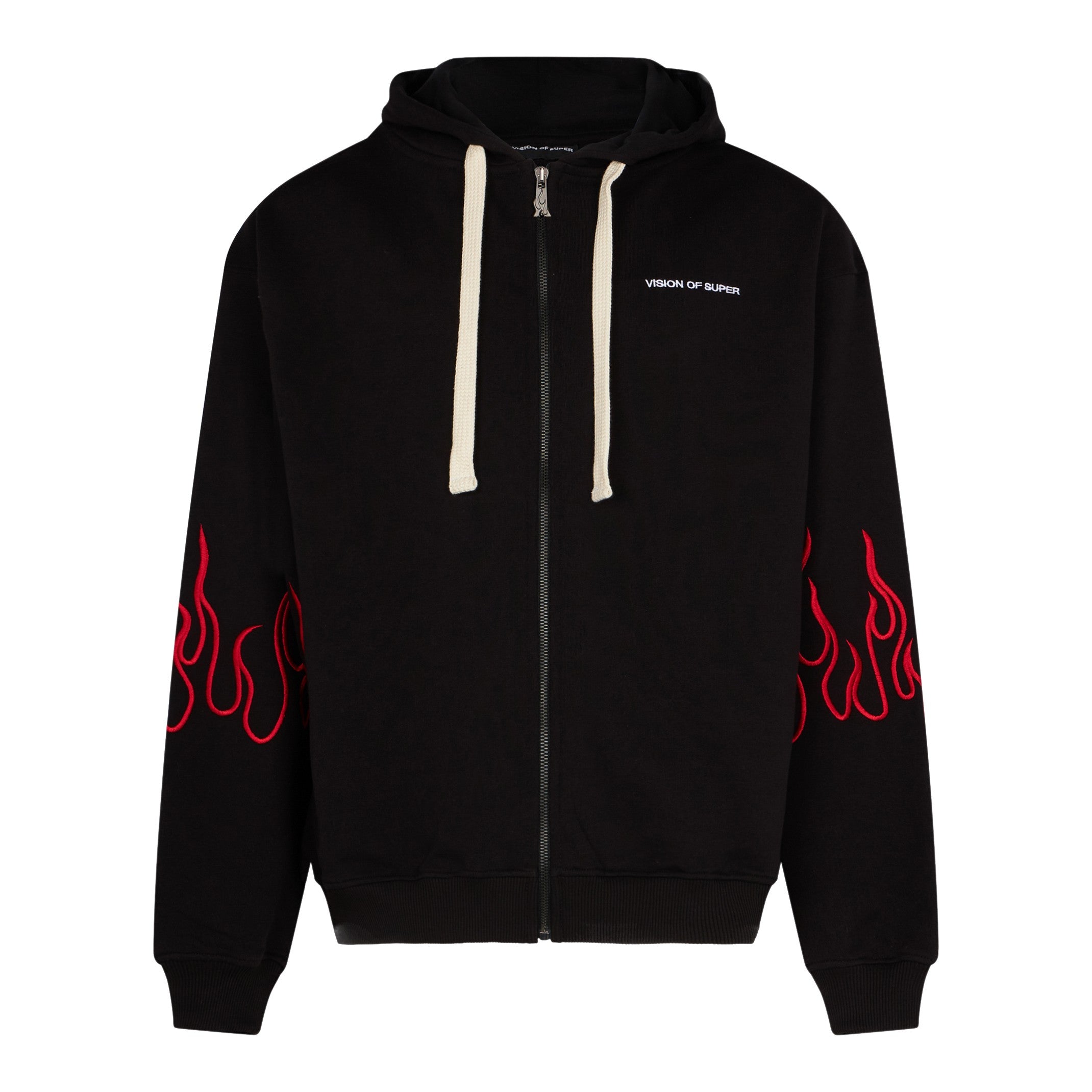 Vision Of Super, Felpa Leggera Cappuccio Zip Uomo Embroidered Flames Zip Hoodie, Black/red