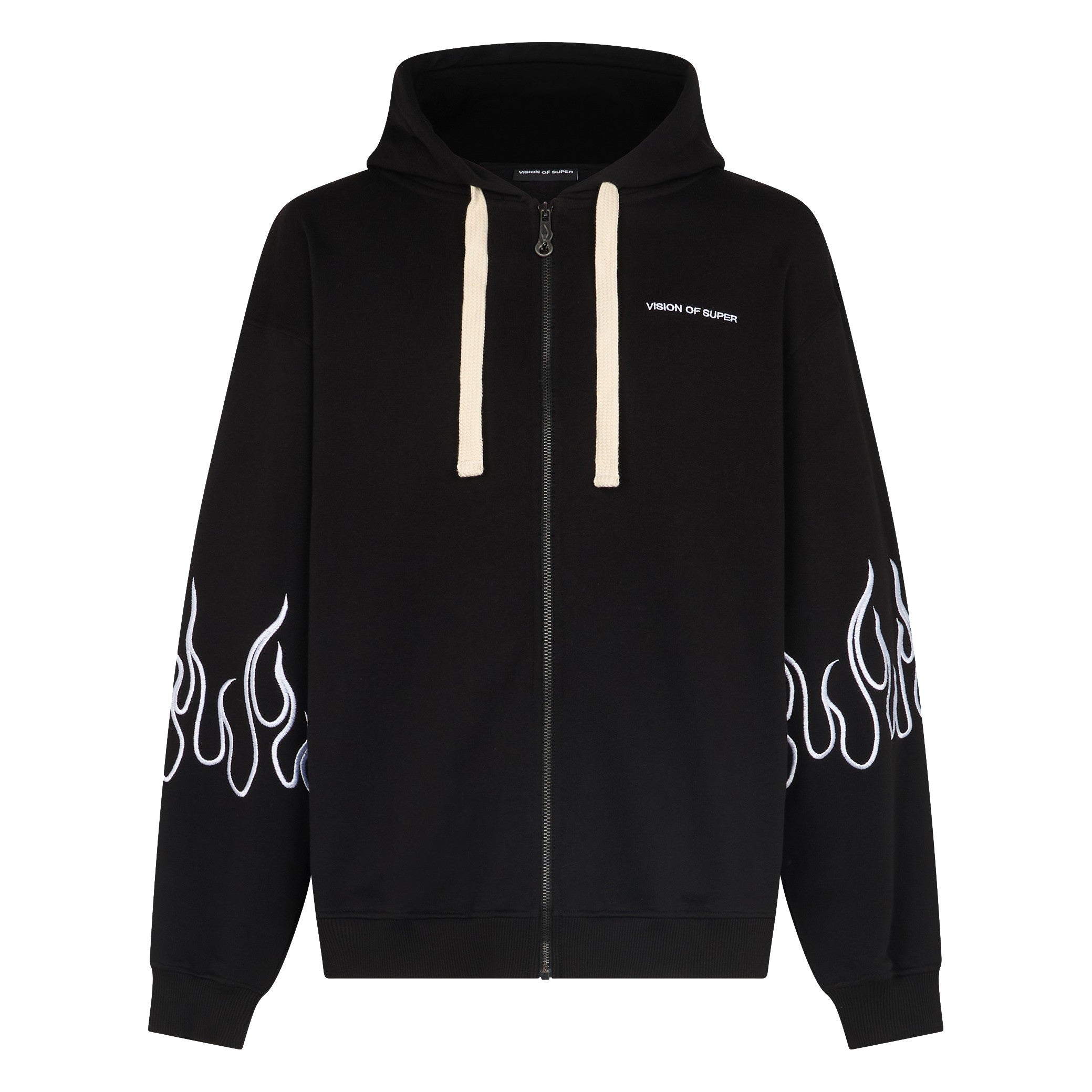Vision Of Super, Felpa Leggera Cappuccio Zip Uomo Embroidered Flames Open Hoodie, Black/white