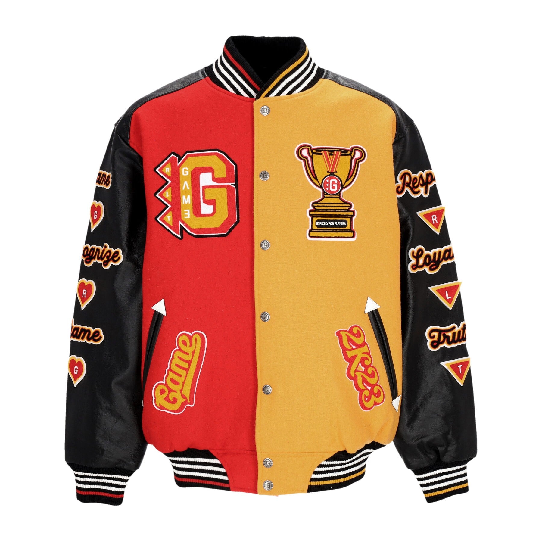 Game, Giubbotto College Uomo Respect Loyalty Truth Varsity Jacket, Jolly Black/royal Red/mustard