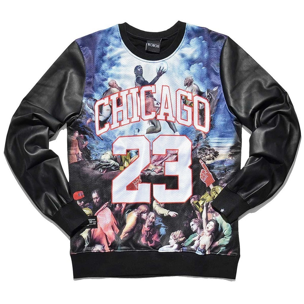 Two Angle, Felpa Girocollo Uomo Two Angle Sweatshirt Crewneck "tixor" All Over Mesh/black Leather Sleeves, Unico