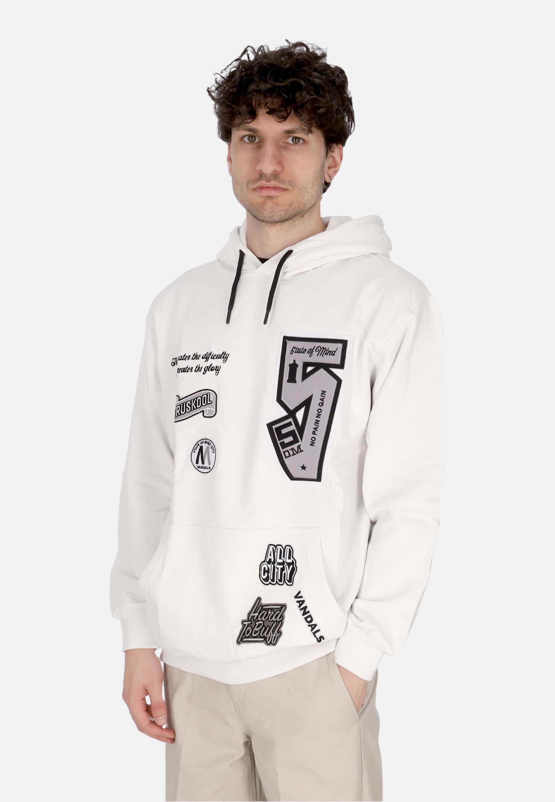 Felpa Leggera Cappuccio Uomo Graffiti Patch Hoodie White
