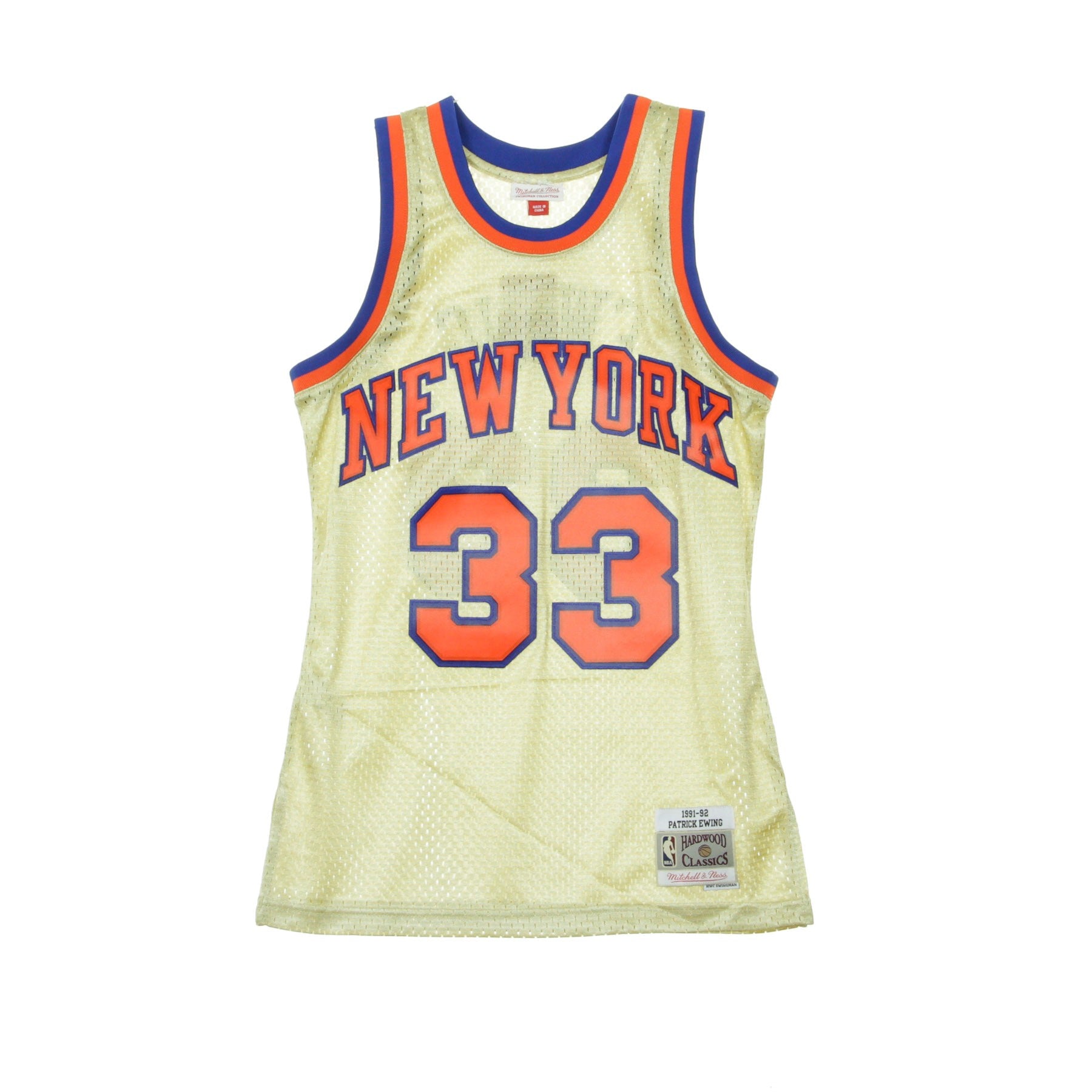 Mitchell & Ness, Canotta Basket Uomo Nba Swimgman Jersey Patrick Ewing No.33 1991-92 Neykni Gold, Gold/otc