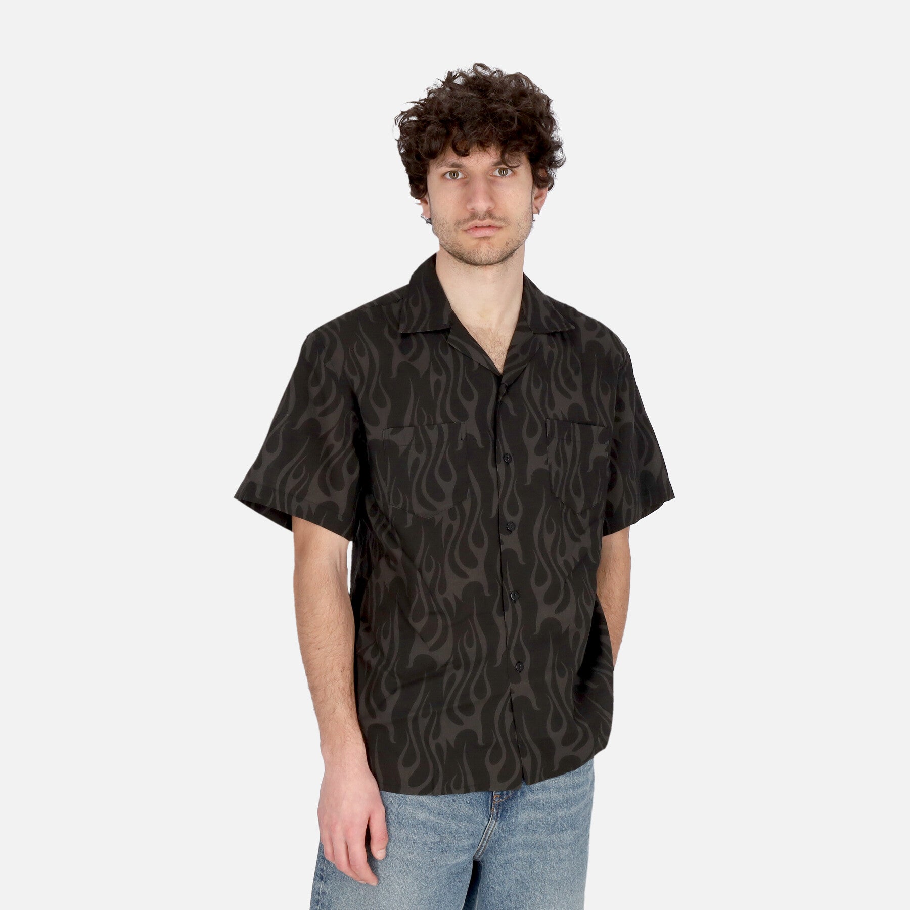 Camicia Manica Corta Uomo Flames Aop Shirt Black VS01103