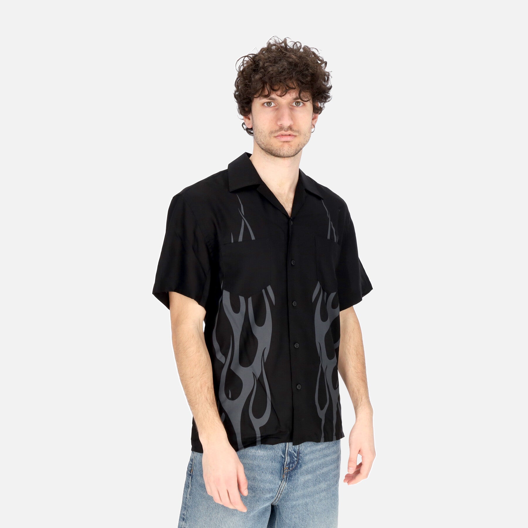 Camicia Manica Corta Uomo Tribal Flames Print Shirt Black VS01108