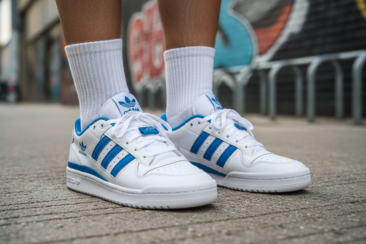 crea un immagine delle gambe che indossa Scarpa Bassa Uomo Forum Low Cloud White/pulse Blue/cloud White