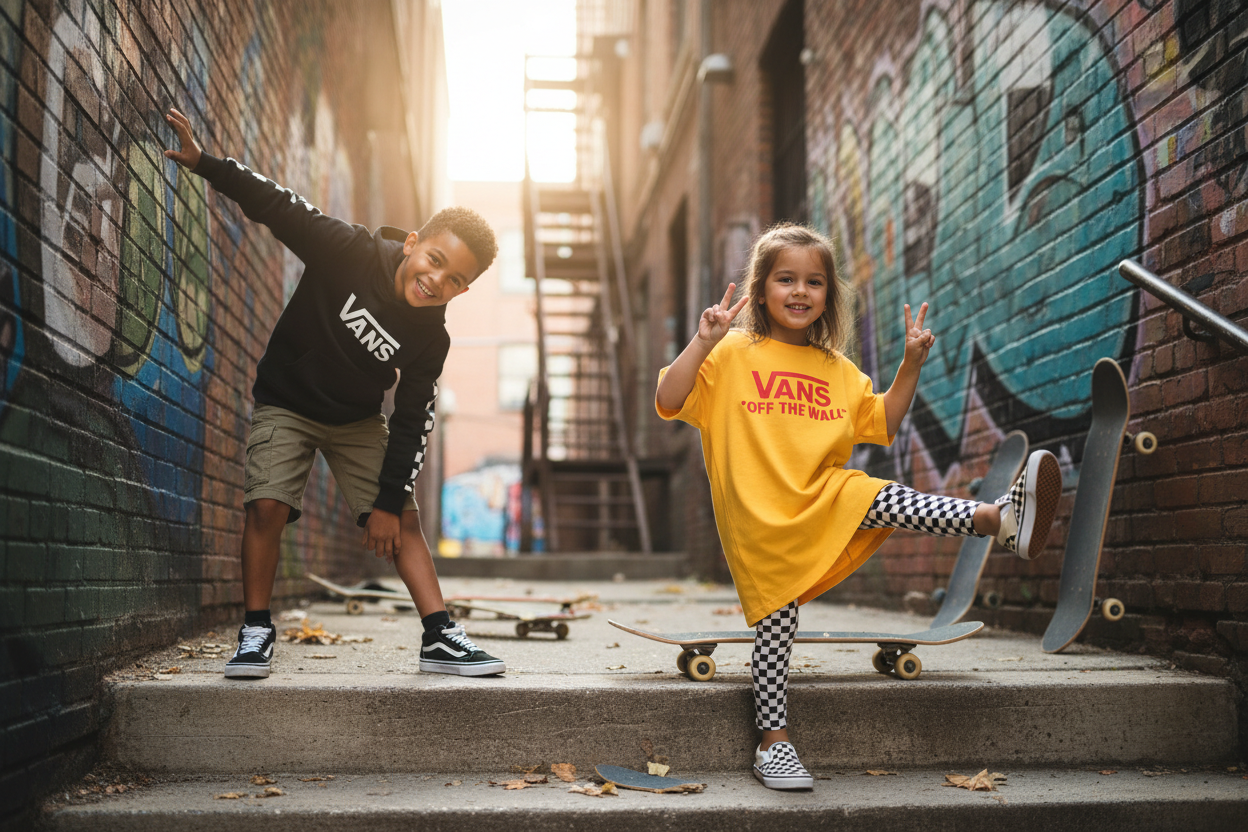 genera un immagine di due bimbi che indossano il brand VANS