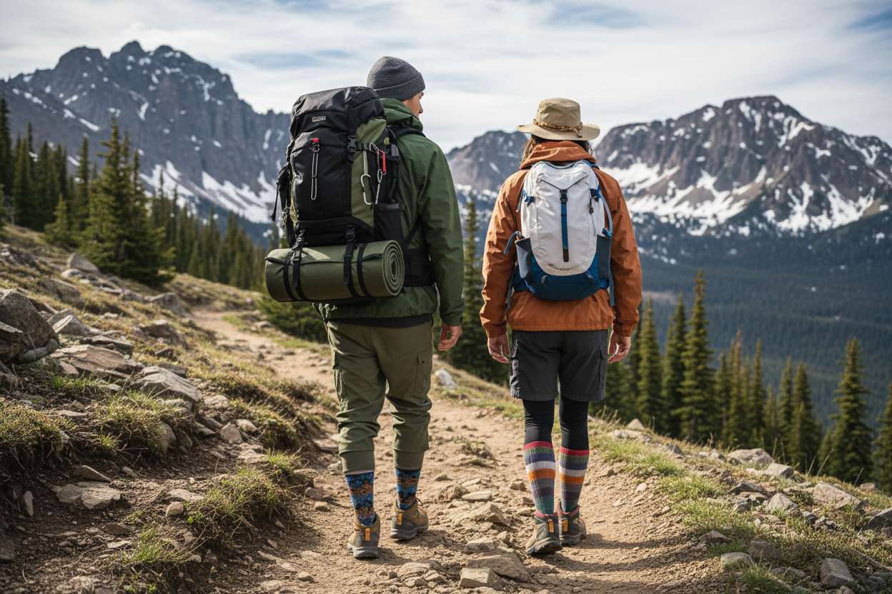 genera un immagine di due persone da dietro che vanno in montagna, indossando acessori come zaino capello, calzze etc